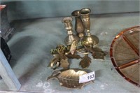 BRASS CANDLE HOLDERS AND VASE