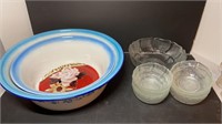 Two large metal bowls, and salad bowl with eight