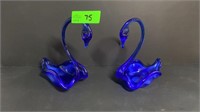 Cobalt blue blown glass swan figures