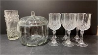 Lead Crystal wine glasses, glass pumpkin, and
