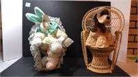 Small wicker chairs with stuffed rabbit and dog