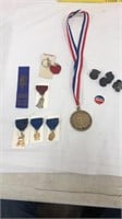 Mason medal, military buttons, Nixon Agnew pin,