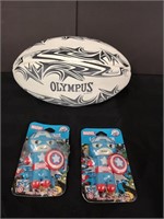 Olympus rugby ball and Marvel lip smackers.