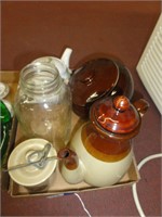 2 Tea Pots, 1 Crock, Ball Jar, Schuler's Crock