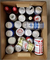 Box of vintage beer cans,  some empty, some full