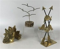 2 Pair of Brass Bookends & Metal Tree on Wood Base