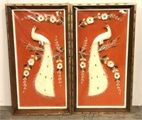 Pair of Peacock Asian Shell Art Panels