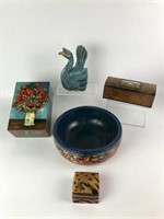 Wooden Boxes, Bowl and Peacock Sculpture