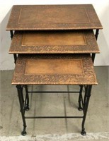 Tooled Leather Top Nesting Tables with Metal Bases