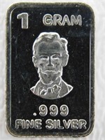 Silver Bar: Abe Lincoln; 1 gram; .999 Fine Silver