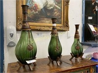 SET OF THREE HANDBLOWN ART GLASS AND METAL VASES