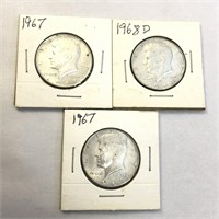 3 - 40% Silver Kennedy Half Dollars 1967 x 2