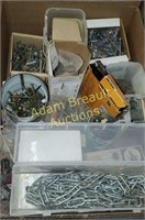 Box of assorted Nails, screws, chain, Staples
