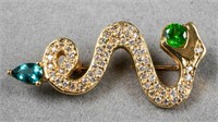 18K Gold Peridot, Diamond & Topaz Snake Brooch Pin