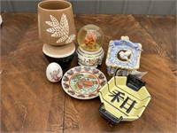 Snow globe, egg, candle lamps, dishes