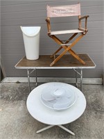 Tables, fan, trash can, director's chair