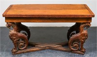 Carved Lion Library Table with Oak Top