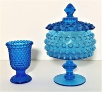 Blue Glass Hobnail Candy Dish