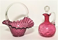 Pink Hobnail Basket Vase and Cruet
