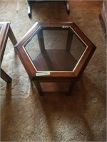 Hexagon Wood and Glass Side Table, 28 x 21 x