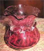 Vintage Cranberry Glass Ruffle Vase w Clear Band