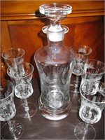 Beautiful Etched Glass Decanter & Stemware