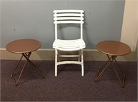 2 Gold Folding End Tables and White Chair