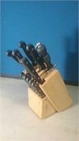 Wooden knife block with stainless steel knives