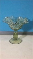 Green Glass ruffled Edge compote 6 in tall