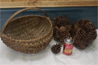 Basket With Pinecones And Spray Half Full