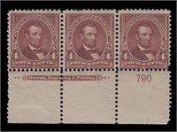 US Stamps #280 Imprint Strip/3 Glazed Gum CV $110