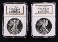 Two 1993-P $1 Silver Eagle PF 69 Ultra Cameo NGC