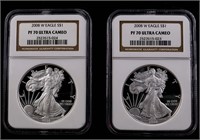 Two 2008-W $1 Silver Eagles PF70 Ultra Cameo NGC
