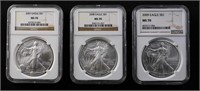 Three $1 Silver Eagles 2007-2009 NGC MS70