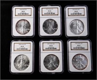 Six $1 Silver Eagles NGC Graded MS66-68 1988-1999