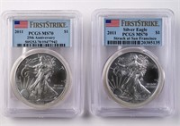 Two 2011 $1 Silver Eagle PCGS MS70 First Strike