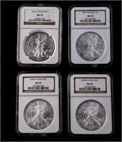Four $1 Silver Eagles 2007-2012 NGC MS70
