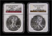 Two 2001 $1 Silver Eagle 25th Annv. NGC MS70