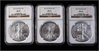 Three 2013-W $1 Silver Eagle MS70 NGC Burnished