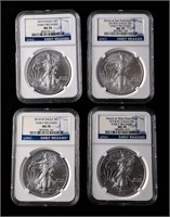 Four 2014 $1 Silver Eagles MS70 NGC Early Releases