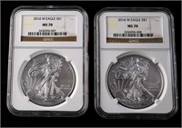 Two 2014-W $1 Silver Eagle MS70 NGC Burnished