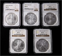 Five $1 Silver American Eagles 2004-2007 MS70
