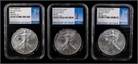 Three 2019 $1 Silver Eagles NCG MS70 First Day