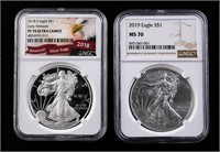 Two $1 Silver Eagles: 2018 & 2019 NGC 70