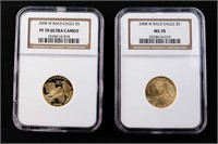 Two 2008-W $5 Gold Bald Eagle NGC PF70 MS70