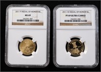 Two 2011-W $5 Gold Medal of Honor PF69 MS69 NGC