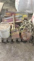 Saw horses, hardware, gas cans, rope,