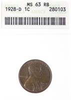 1928-d Lincoln Cent (ANACS MS63 RB)