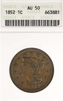 1852 Braided Hair Large Cent (ANACS AU50)