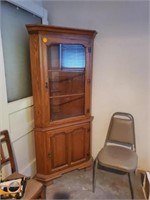 OAK CORNER CURIO CABINET WITH GLASS SHELVES